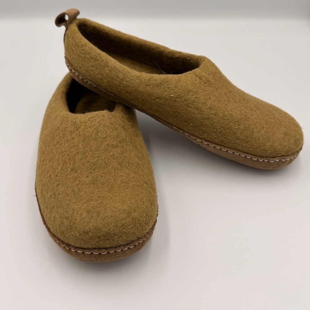 Felted Wool Leather Bottom Olive Green Bohemian Hippie Cozy Backless Slipper 10 - Picture 2 of 6
